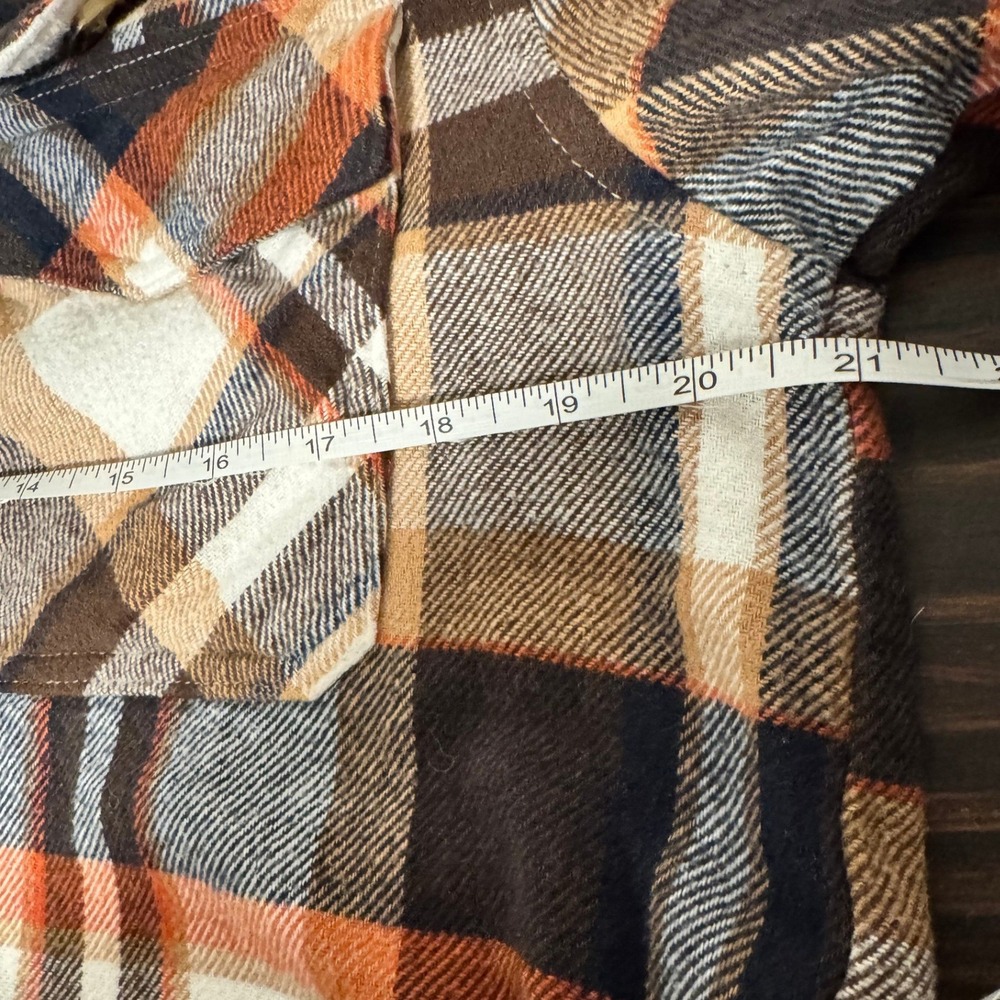 Womens Plaid Flannel Shirt Jacket BeachLoungeLunch Orange Brown White - Picture 7 of 13